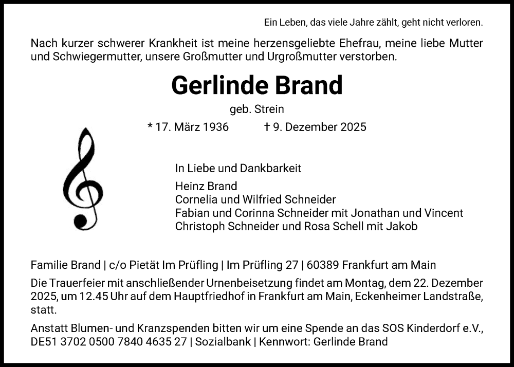  Traueranzeige für Gerlinde Brand vom 13.12.2025 aus FNP