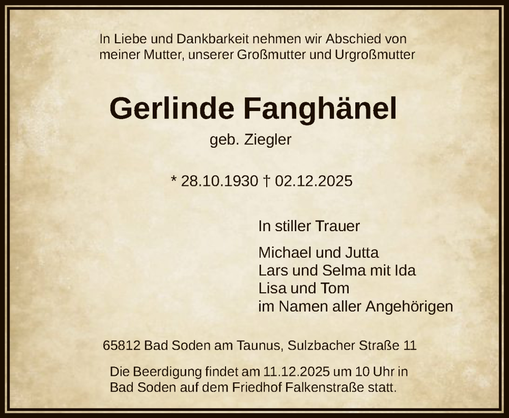  Traueranzeige für Gerlinde Fanghänel vom 06.12.2025 aus FNP