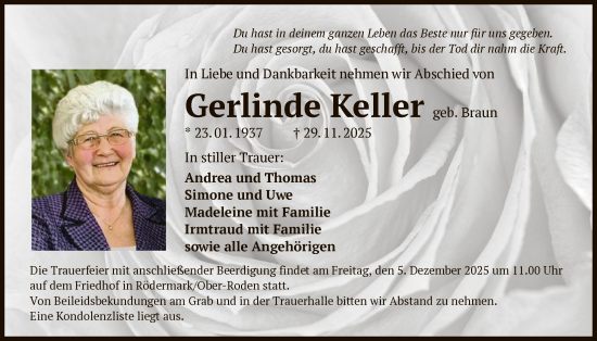 Traueranzeige von Gerlinde Keller von OFOP