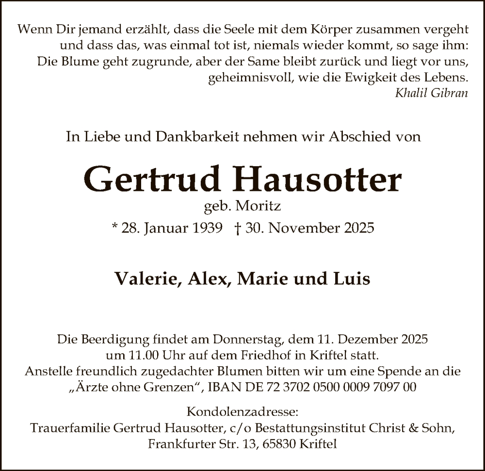  Traueranzeige für Gertrud Hausotter vom 06.12.2025 aus FNP