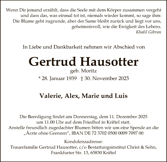 Traueranzeige von Gertrud Hausotter von FNP