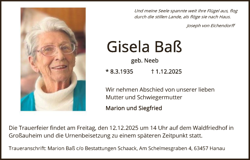  Traueranzeige für Gisela Balß vom 06.12.2025 aus OFHA