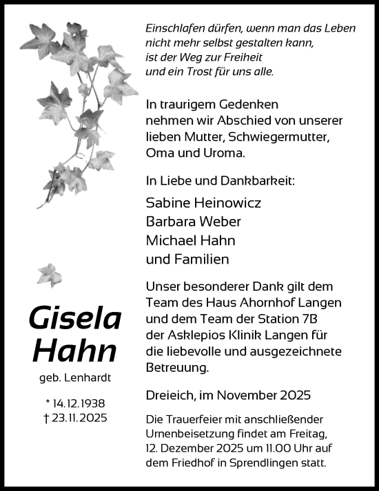 Traueranzeige von Gisela Hahn von OF0W
