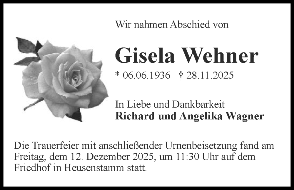  Traueranzeige für Gisela Wehner vom 13.12.2025 aus OF0T