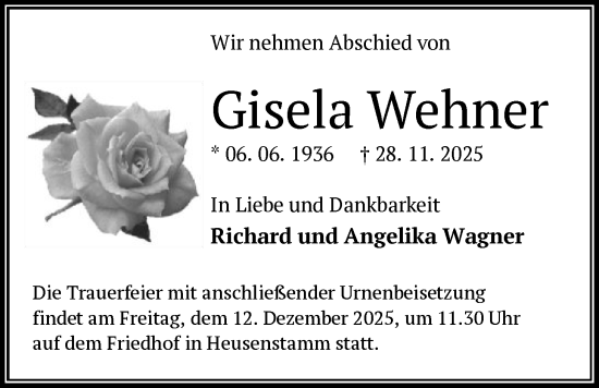 Traueranzeige von Gisela Wehner von OFOP