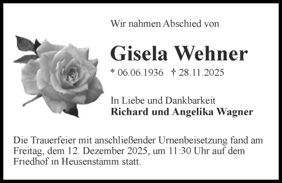 Traueranzeige von Gisela Wehner von OF0T