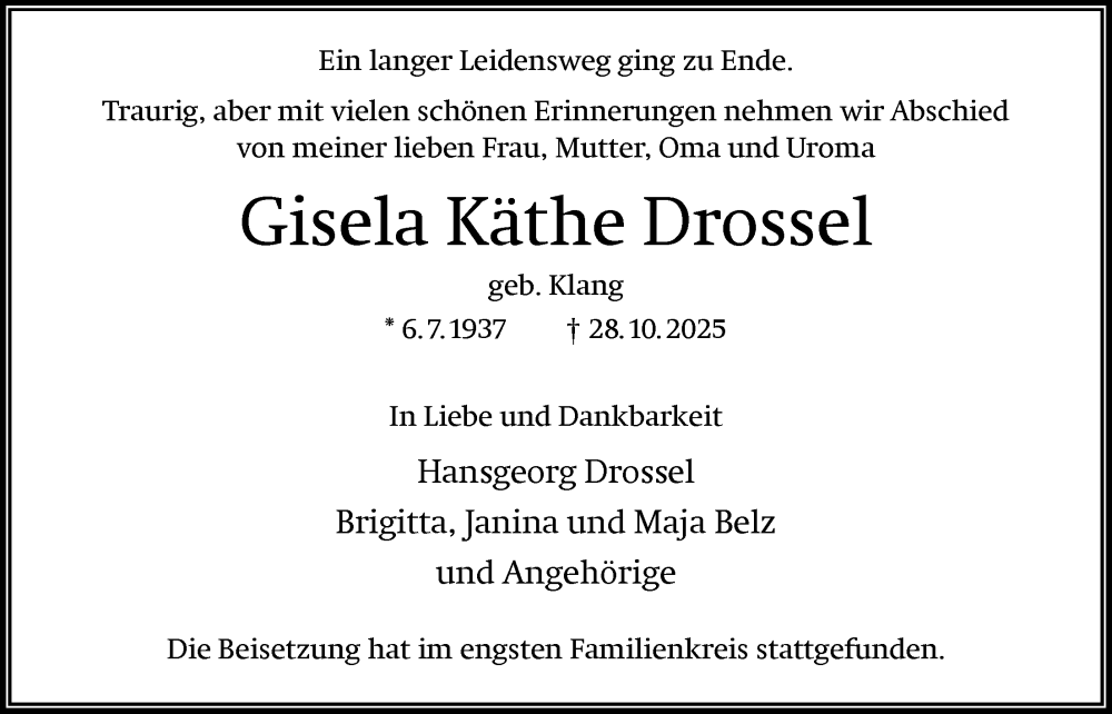  Traueranzeige für Gisela Käthe Drossel vom 06.12.2025 aus FNP