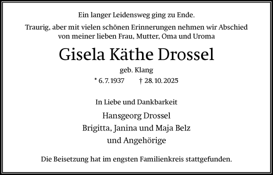 Traueranzeige von Gisela Käthe Drossel von FNP