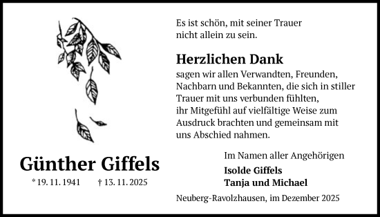Traueranzeige von Günther Giffels von OFHA