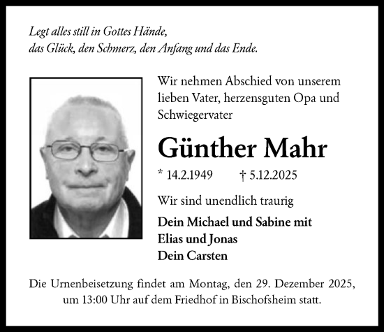 Traueranzeige von Günther Mahr von OFHA
