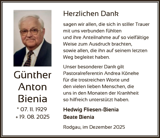 Traueranzeige von Günther Anton Bienia von OFOP