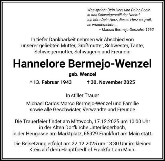 Traueranzeige von Hannelore Bermejo-Wenzel von FNP