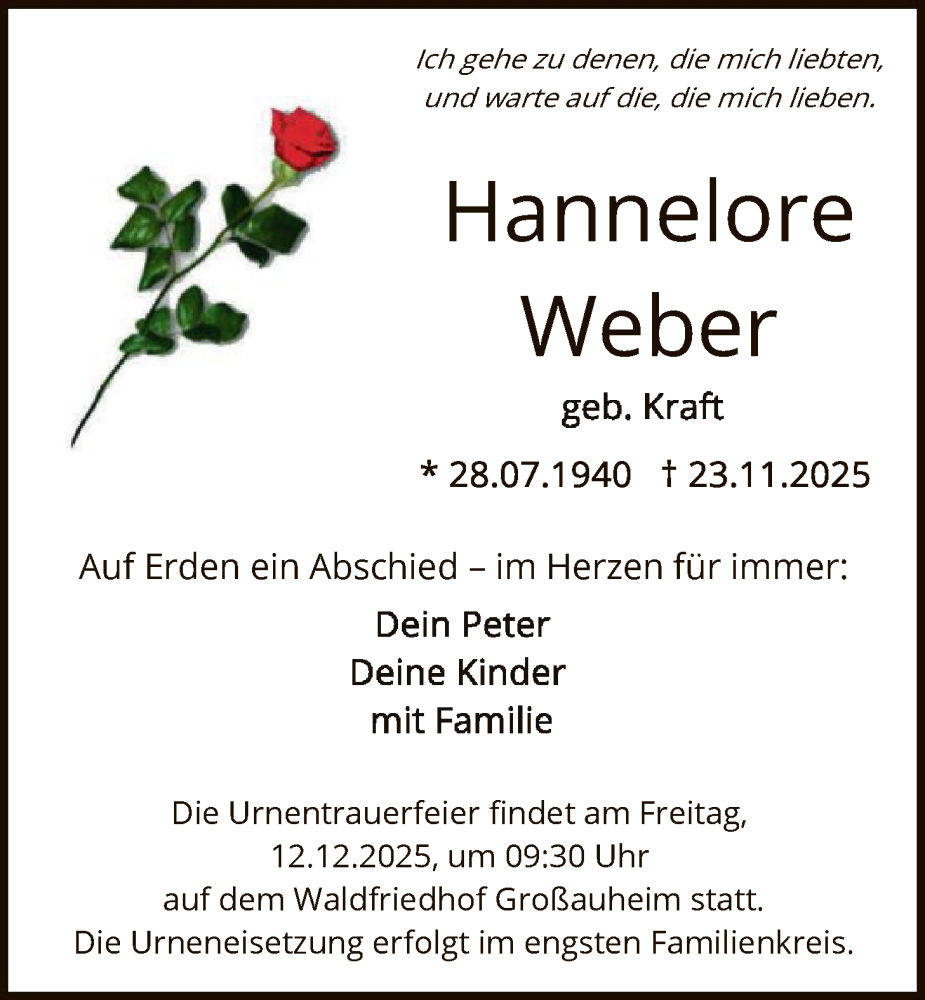  Traueranzeige für Hannelore Weber vom 06.12.2025 aus OFHA