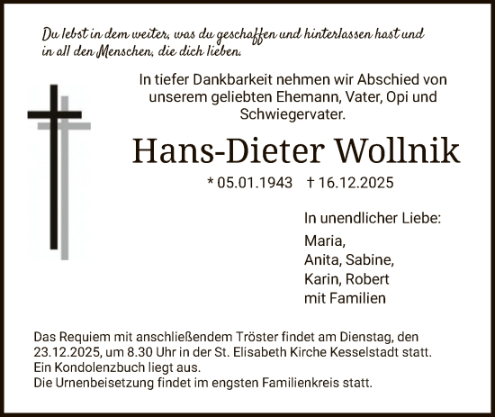 Traueranzeige von Hans-Dieter Wollnik von OFHA