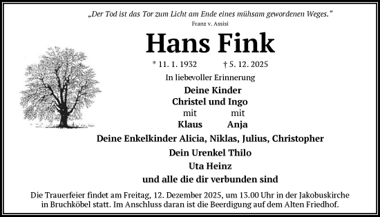 Traueranzeige von Hans Fink von OFHA