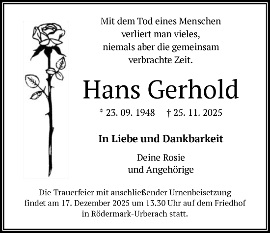 Traueranzeige von Hans Gerhold von OF0L