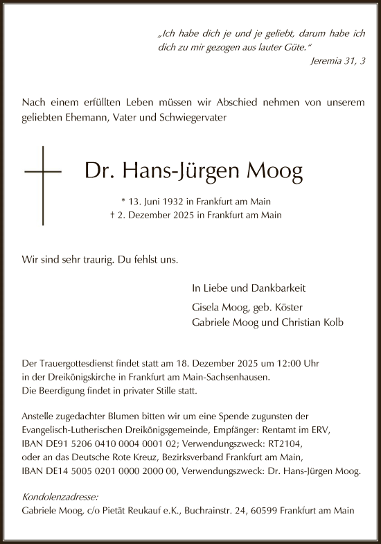 Traueranzeige von Hans-Jürgen Moog von FNP