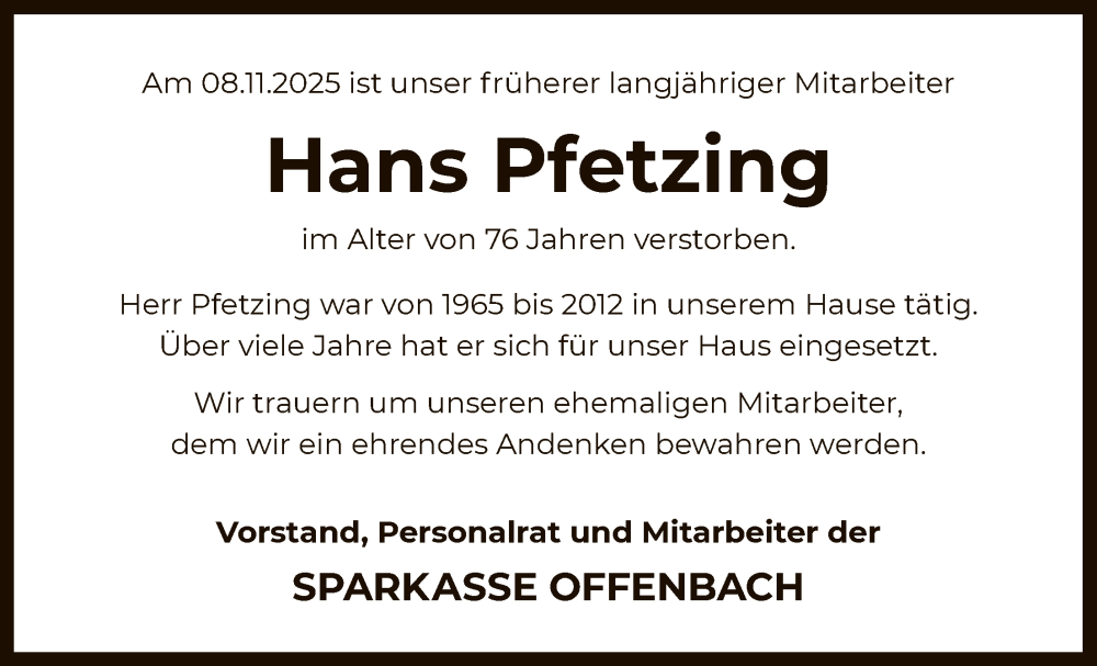  Traueranzeige für Hans Pfetzing vom 03.12.2025 aus OFOP