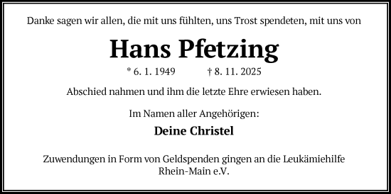 Traueranzeige von Hans Pfetzing von OFOP