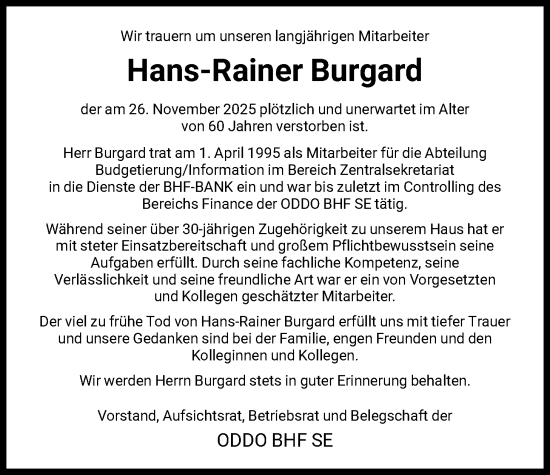 Traueranzeige von Hans-Rainer Burgard von FNP