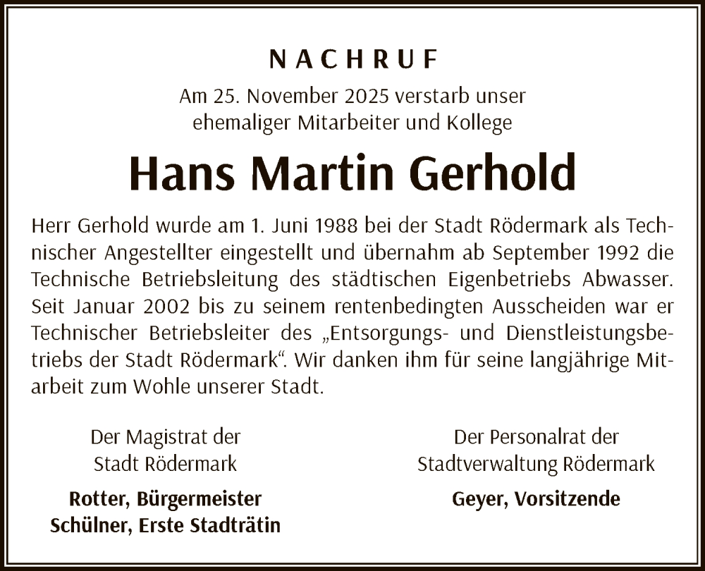  Traueranzeige für Hans Martin Gerhold vom 13.12.2025 aus OF0L