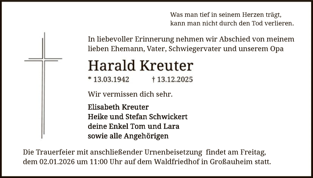  Traueranzeige für Harald Kreuter vom 27.12.2025 aus OFHA