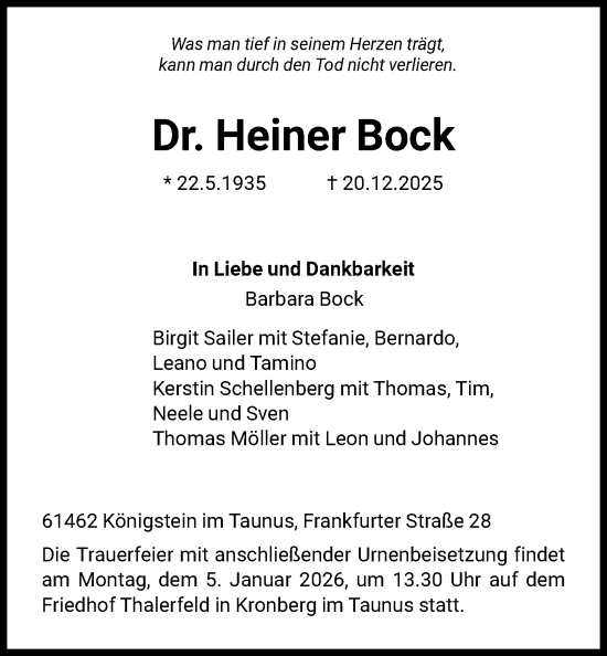 Traueranzeige von Heiner Bock von FNP