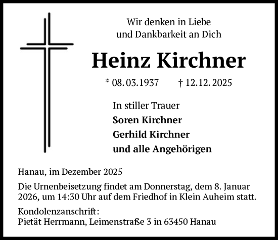 Traueranzeige von Heinz Kirchner von OFHA
