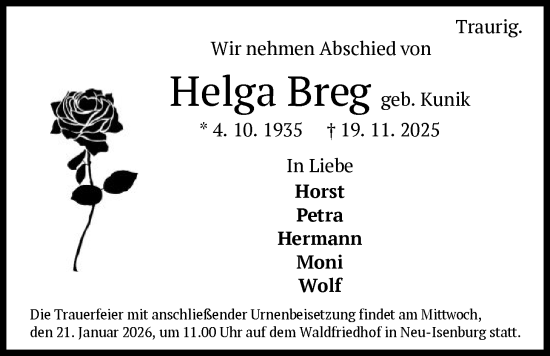 Traueranzeige von Helga Breg von OF0W