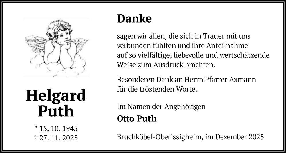  Traueranzeige für Helgard Puth vom 20.12.2025 aus OFHA