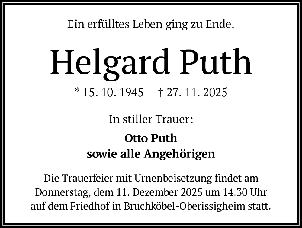 Traueranzeige für Helgard Puth vom 06.12.2025 aus OFHA