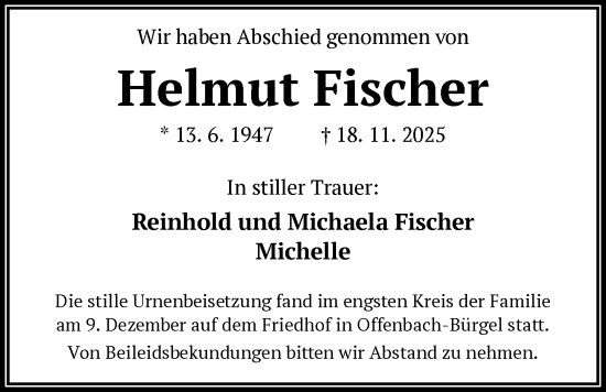 Traueranzeige von Helmut Fischer von OFOP