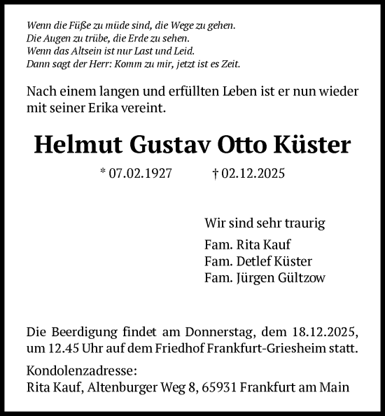Traueranzeige von Helmut Gustav Otto Küster von FNP