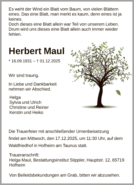 Traueranzeige von Herbert Maul von FNP
