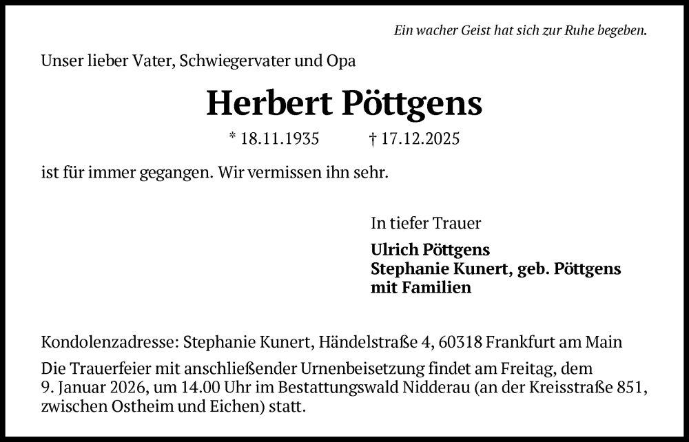  Traueranzeige für Herbert Pöttgens vom 27.12.2025 aus FNP