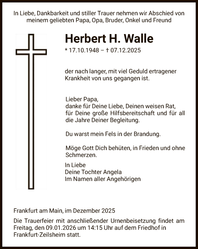  Traueranzeige für Herbert H. Walle vom 20.12.2025 aus FNP