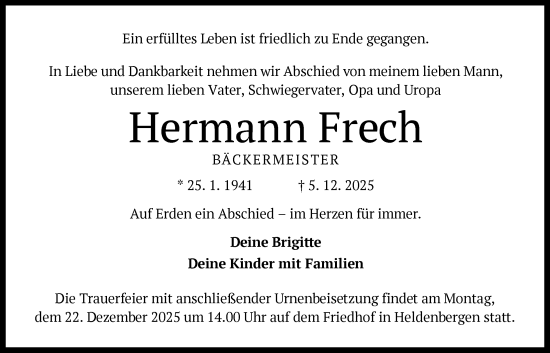 Traueranzeige von Hermann Frech von OFHA