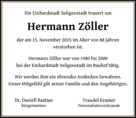 Traueranzeige von Hermann Zöller von OF0L