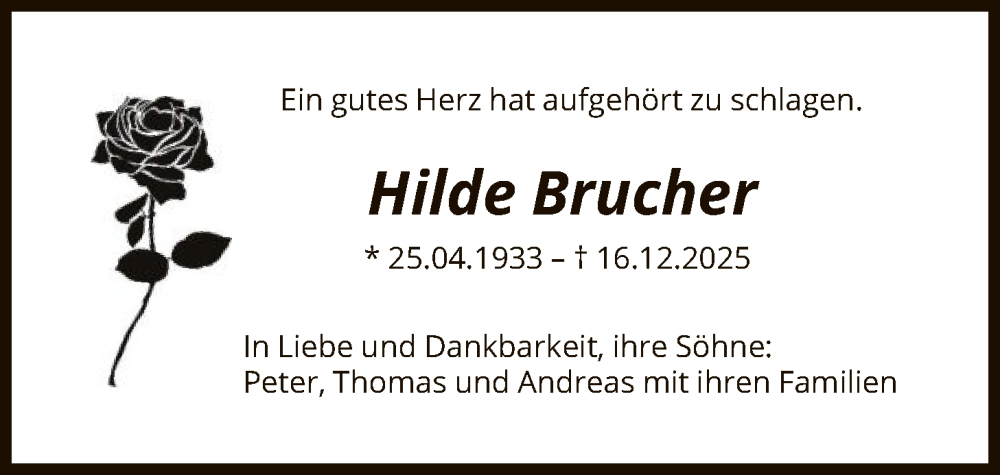  Traueranzeige für Hilde Brucher vom 27.12.2025 aus OF0W