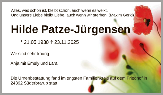Traueranzeige von Hilde Patze-Jürgensen von OFOP