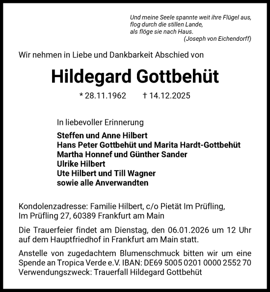 Traueranzeige von Hildegard Gottbehüt von FNP