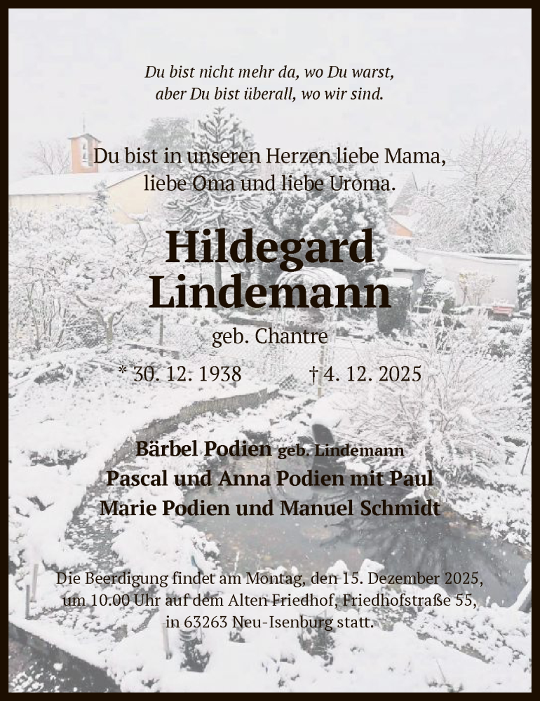  Traueranzeige für Hildegard Lindemann vom 13.12.2025 aus OFOP