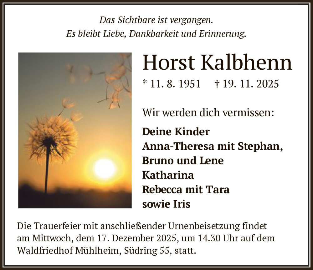  Traueranzeige für Horst Kalbhenn vom 06.12.2025 aus OFOP