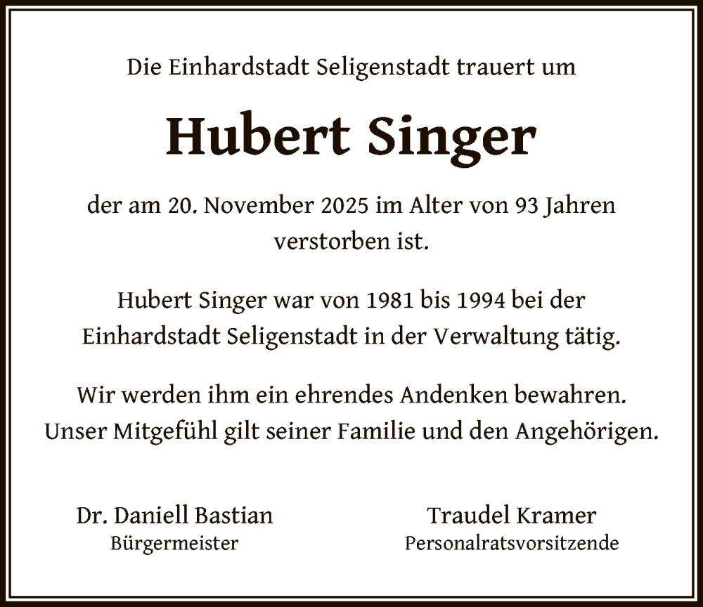  Traueranzeige für Hubert Singer vom 13.12.2025 aus OF0L