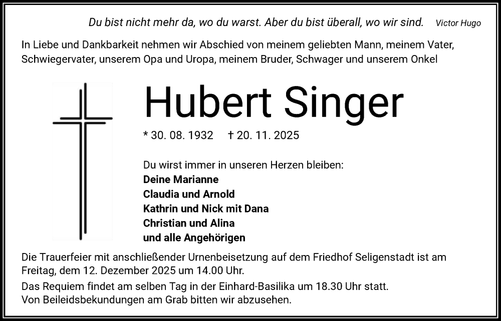  Traueranzeige für Hubert Singer vom 06.12.2025 aus OF0L