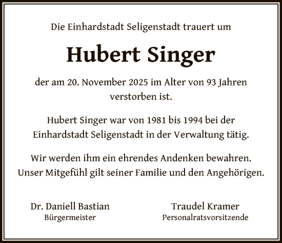 Traueranzeige von Hubert Singer von OF0L