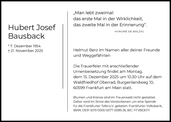 Traueranzeige von Hubert Josef Bausback von OFOP