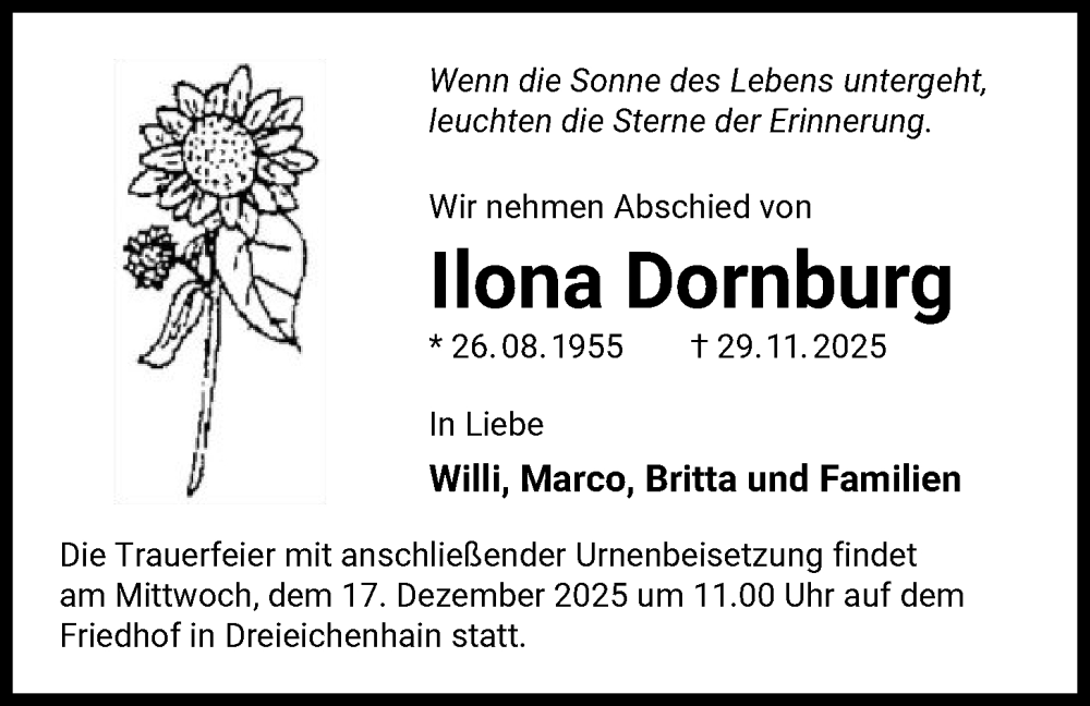  Traueranzeige für Ilona Dornburg vom 13.12.2025 aus OFOP