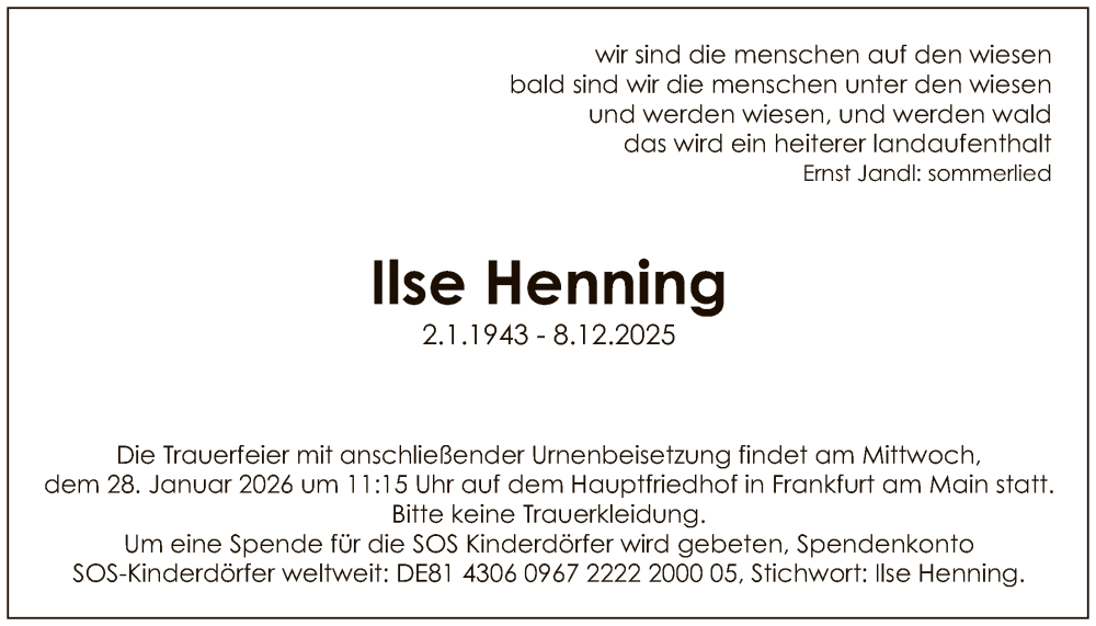  Traueranzeige für Ilse Henning vom 20.12.2025 aus FNP