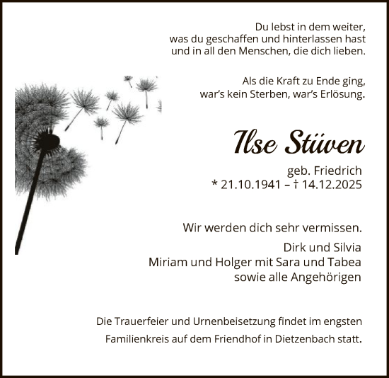 Traueranzeige von Ilse Stüven von OFOP
